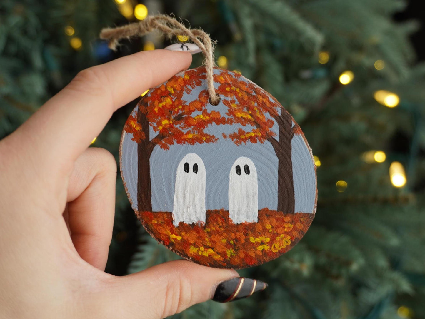 Autumn Ghosts Ornament, Hand Painted Mini Wood Round, Holiday Decor