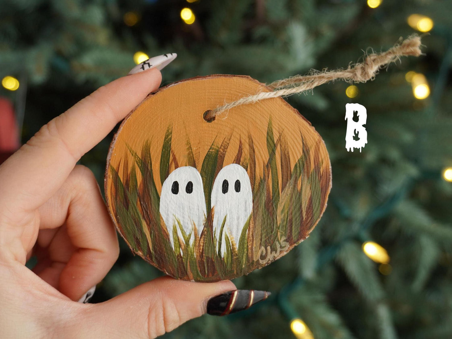 Ghosts in a Field Hand Painted Wood Ornament, Holiday Decor, Witch Art
