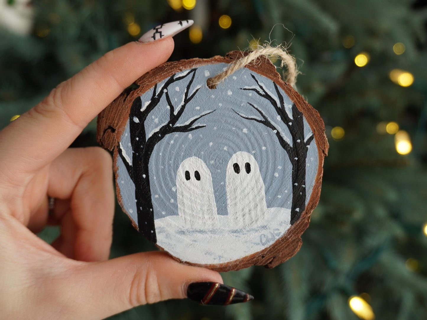 Ghosts In The Snow Ornament, Holiday Decor, Hand Painted Wood Round