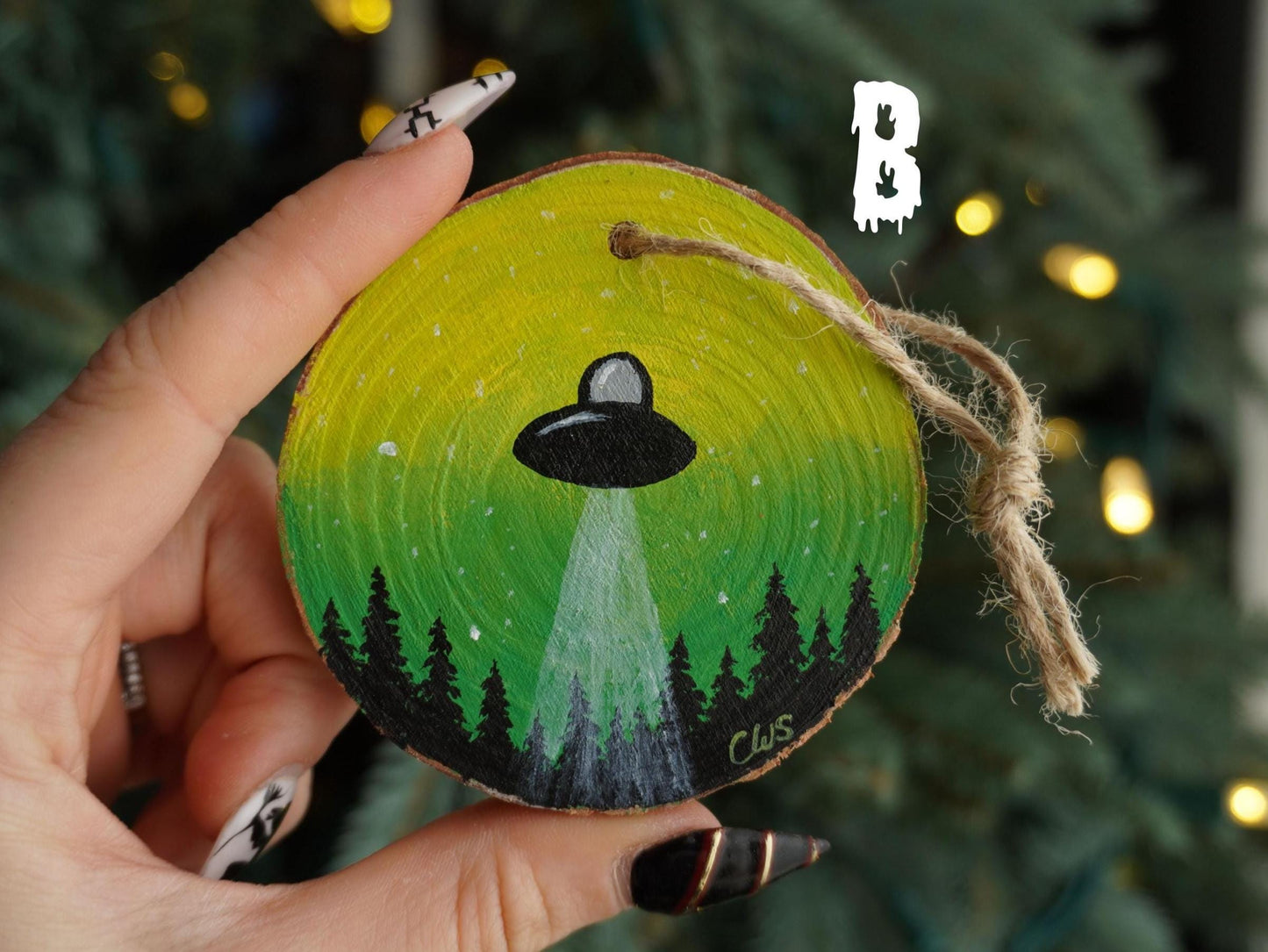 UFO Hand Painted Wood Ornament, Holiday Decor, Gallery Wall