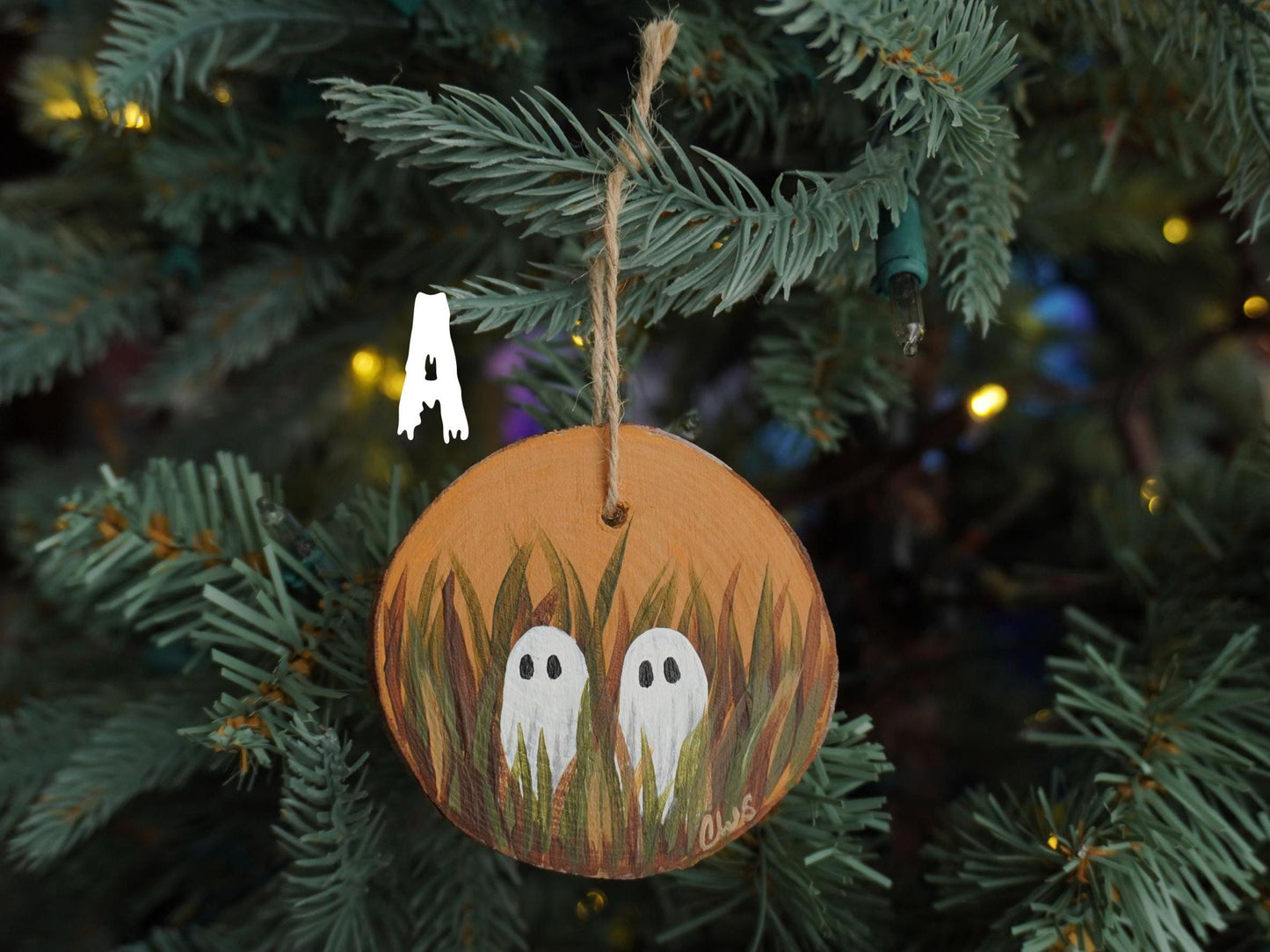 Ghosts in a Field Hand Painted Wood Ornament, Holiday Decor, Witch Art