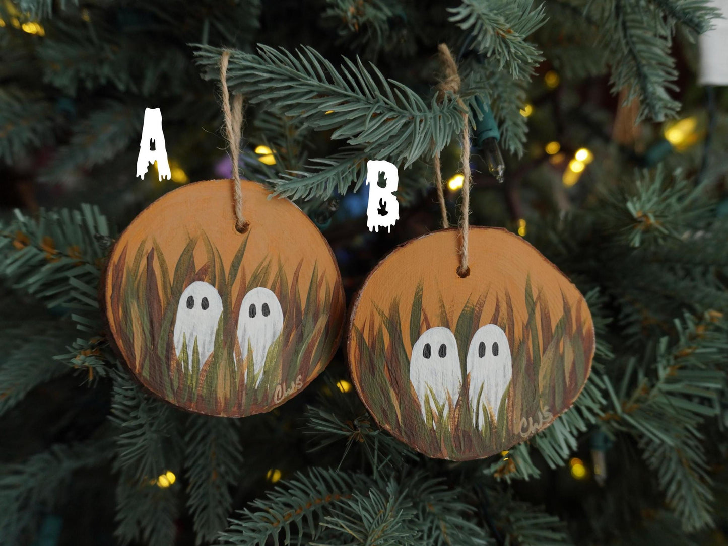 Ghosts in a Field Hand Painted Wood Ornament, Holiday Decor, Witch Art