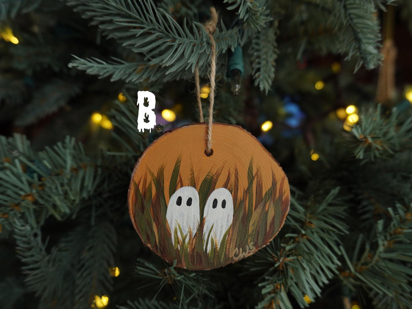 Ghosts in a Field Hand Painted Wood Ornament, Holiday Decor, Witch Art