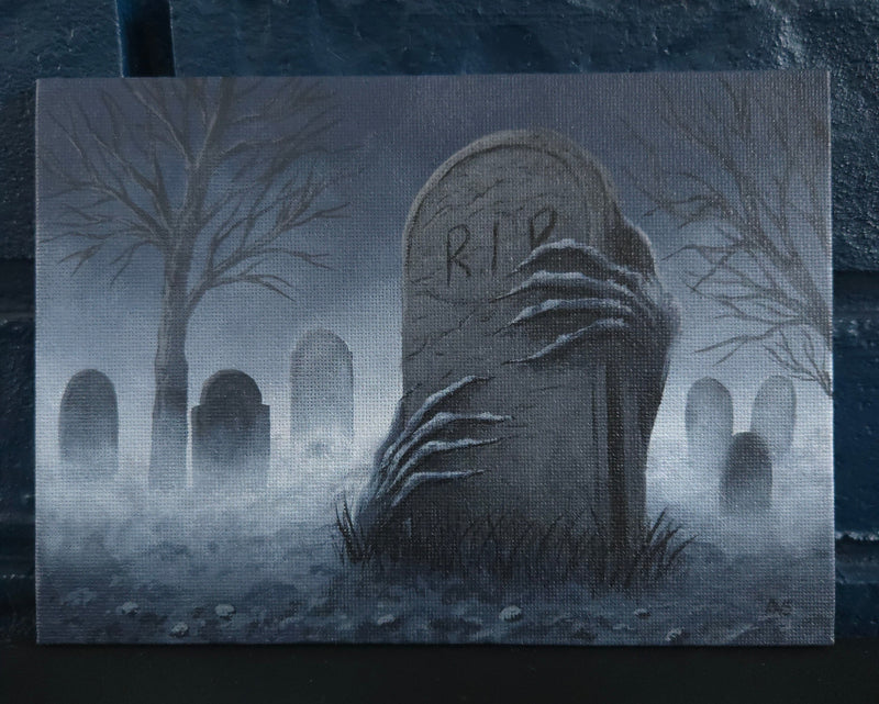 undead painting, graveyard with hands wrapping around a grave stone