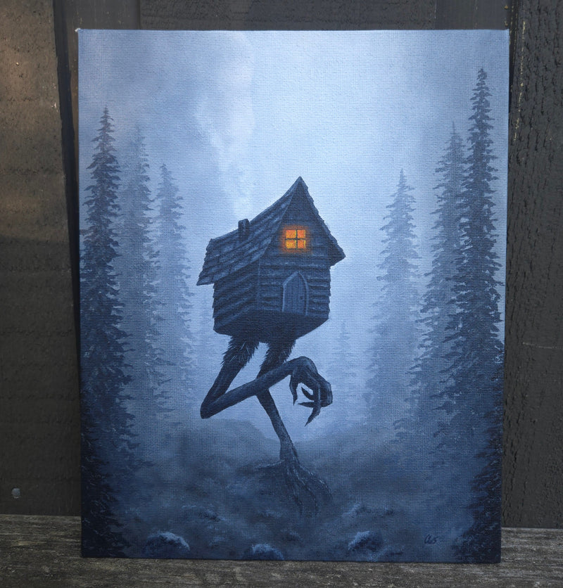  artwork of a house on stilts with glowing windows against a forest background. baba yaga's hut