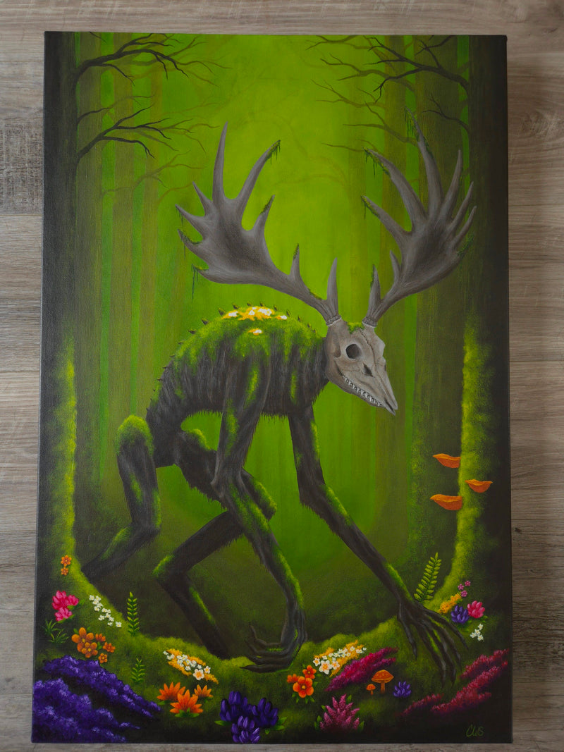 Skeletal deer in a forest with a green background