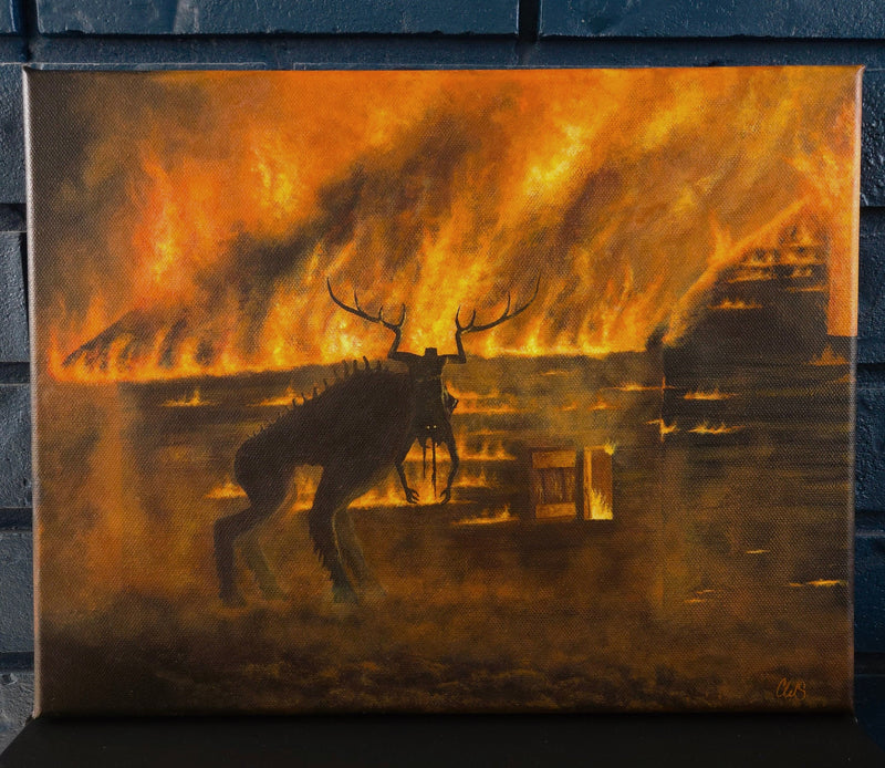 Painting of a stag silhouette against a fiery sky on a textured blue wall. moder, the ritual, jotunn