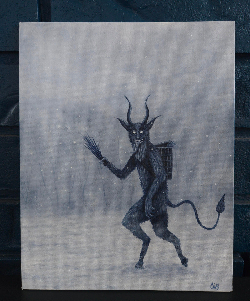 krampus demon-like creature with a broom against a gray background