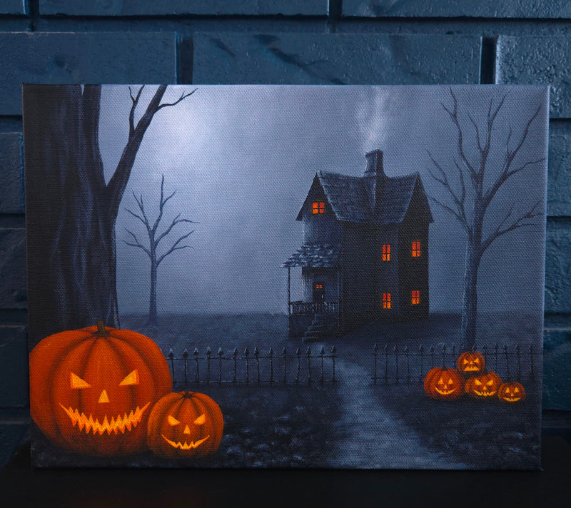 Halloween-themed painting of a haunted house with jack-o'-lanterns on a dark background.
