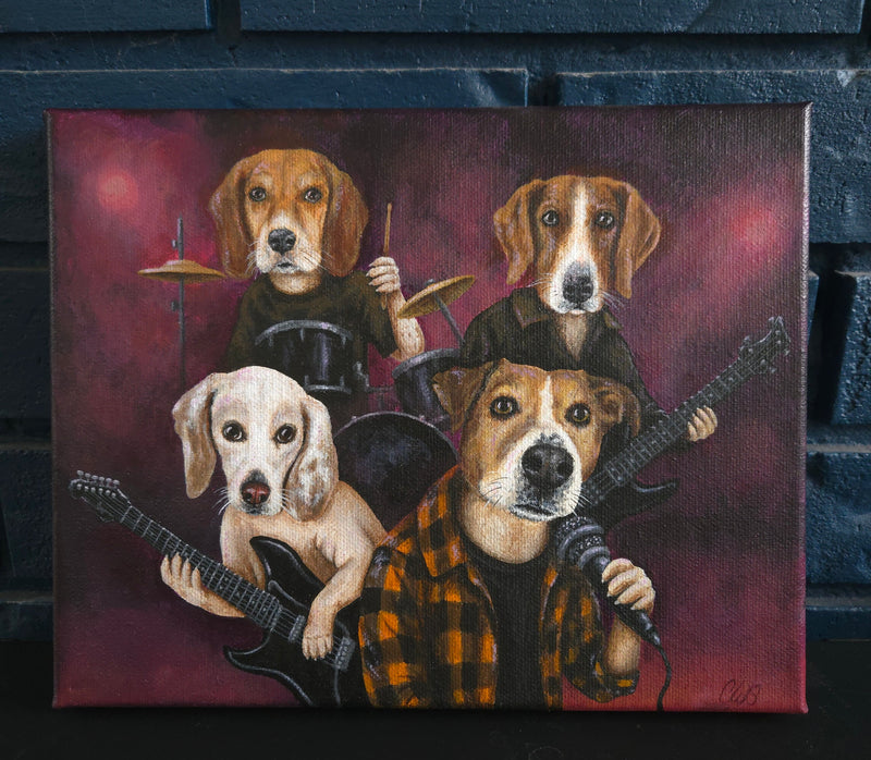 Painting of four dogs playing instruments on a dark background