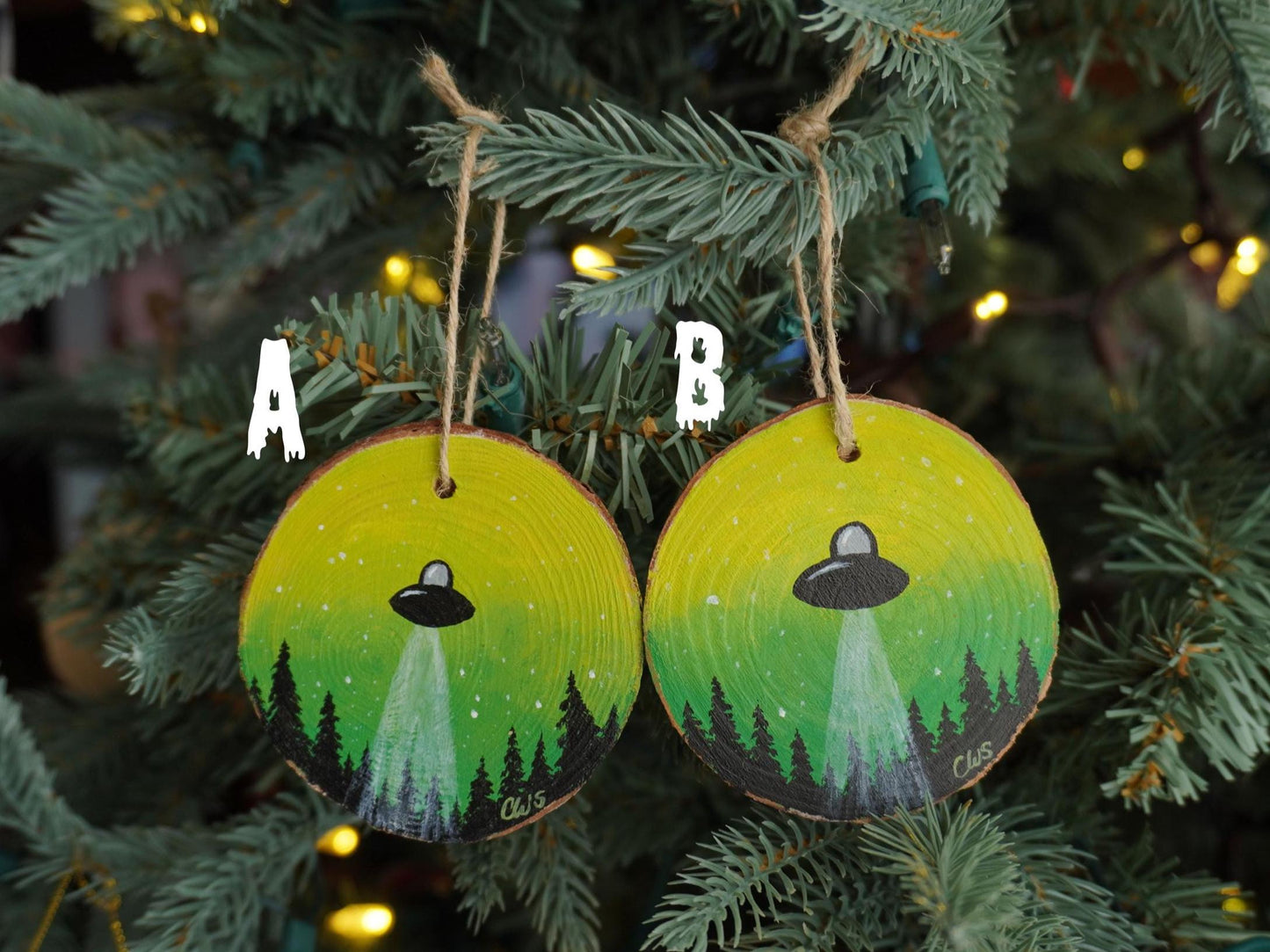 UFO Hand Painted Wood Ornament, Holiday Decor, Gallery Wall