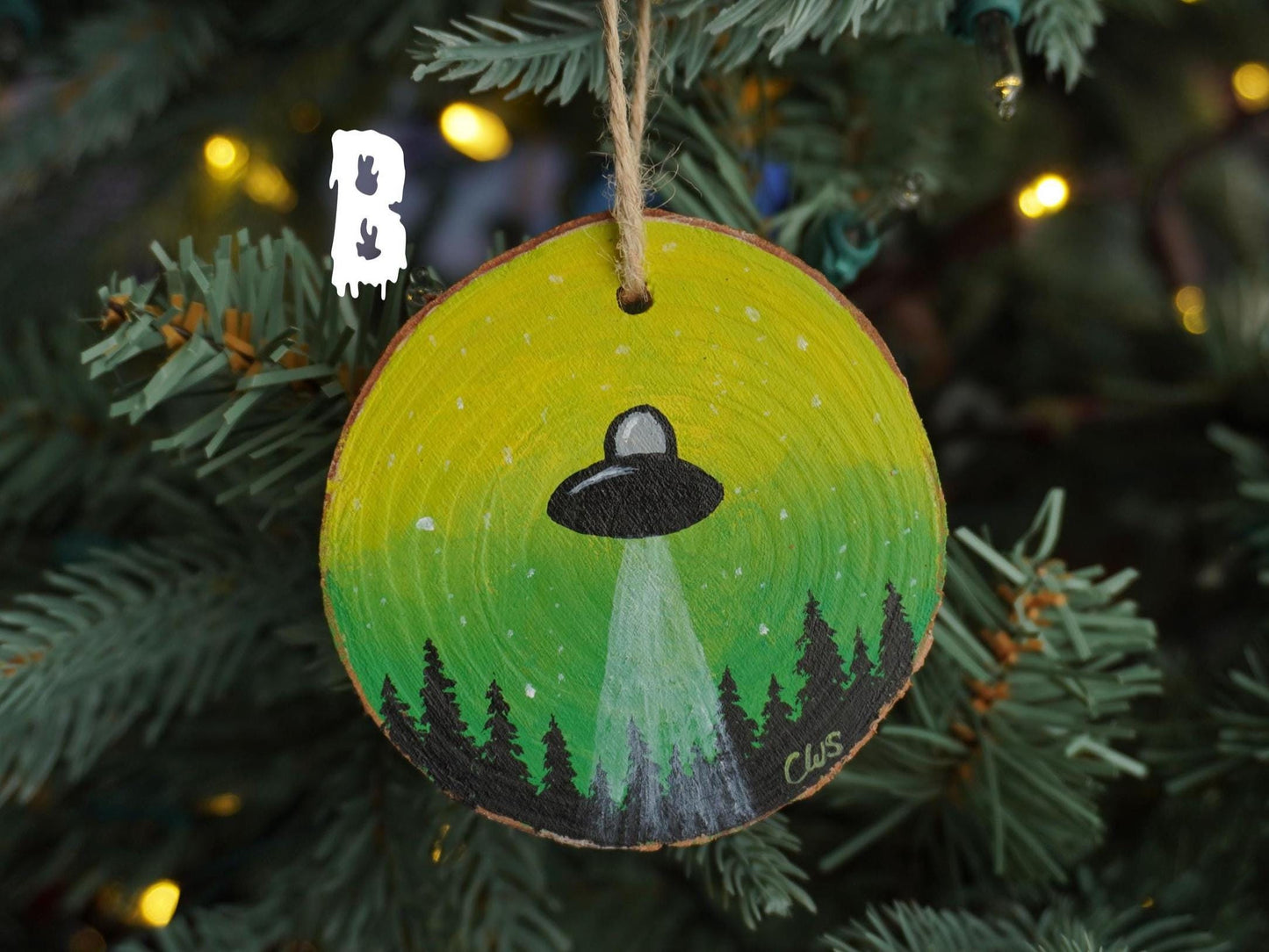 UFO Hand Painted Wood Ornament, Holiday Decor, Gallery Wall