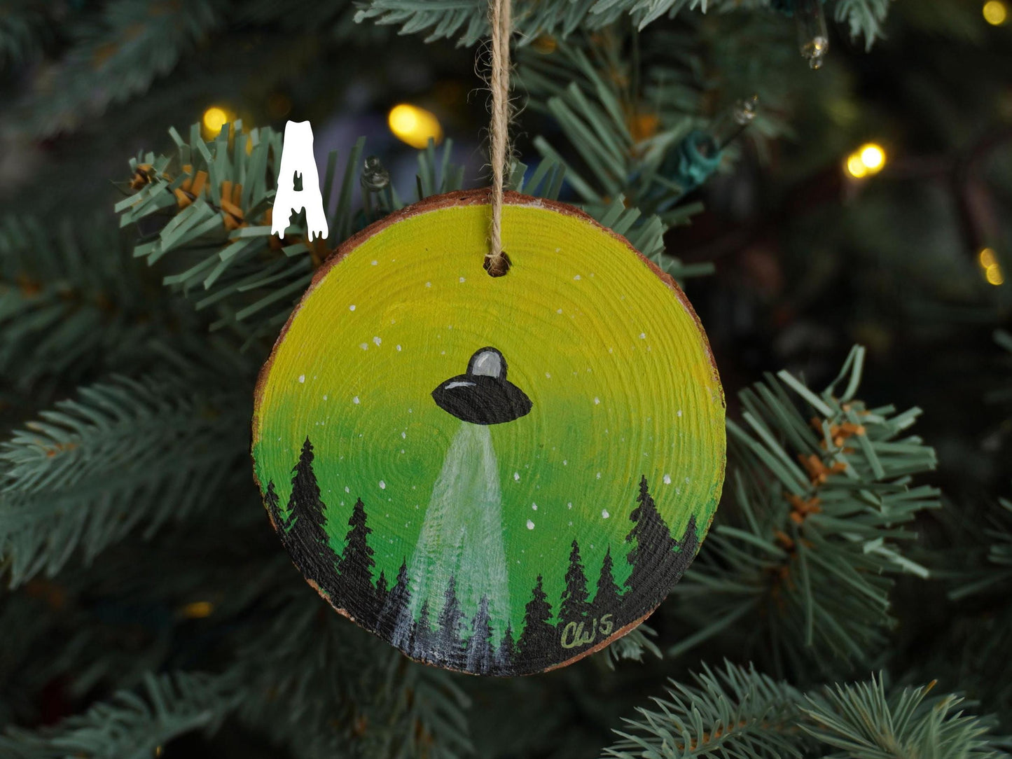 UFO Hand Painted Wood Ornament, Holiday Decor, Gallery Wall