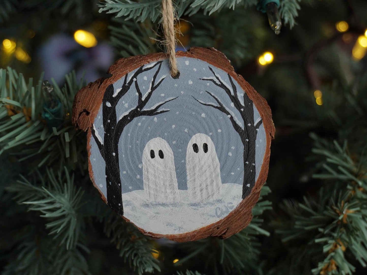 Ghosts In The Snow Ornament, Holiday Decor, Hand Painted Wood Round