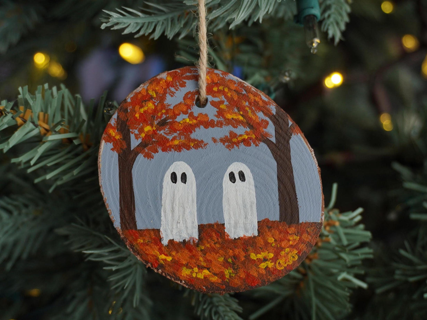 Autumn Ghosts Ornament, Hand Painted Mini Wood Round, Holiday Decor