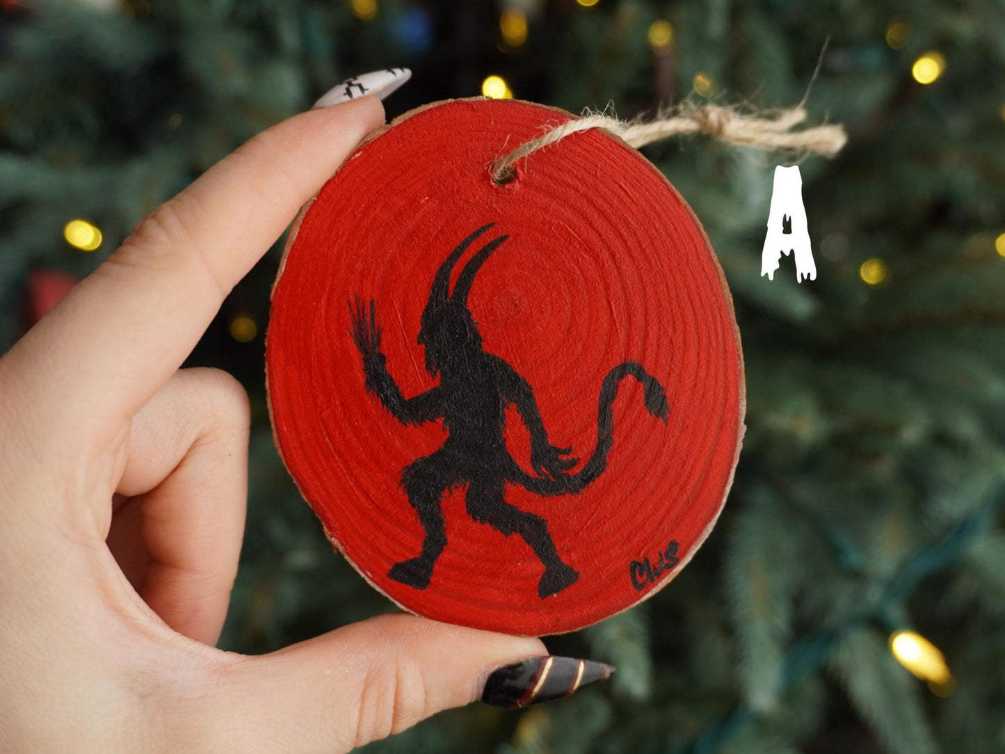 Krampus Ornament, Hand Painted Mini Wood Round, Christmas, Holiday Decor