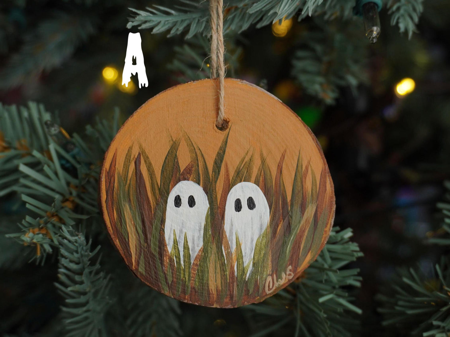 Ghosts in a Field Hand Painted Wood Ornament, Holiday Decor, Witch Art