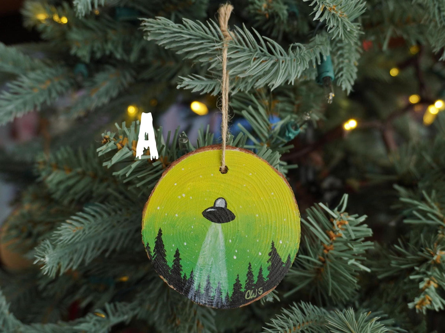 UFO Hand Painted Wood Ornament, Holiday Decor, Gallery Wall