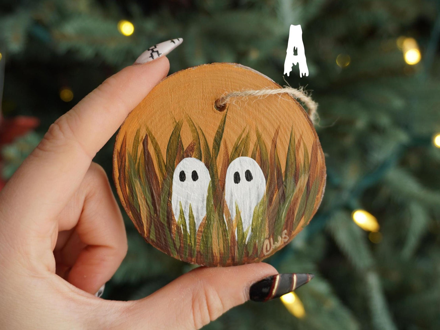 Ghosts in a Field Hand Painted Wood Ornament, Holiday Decor, Witch Art