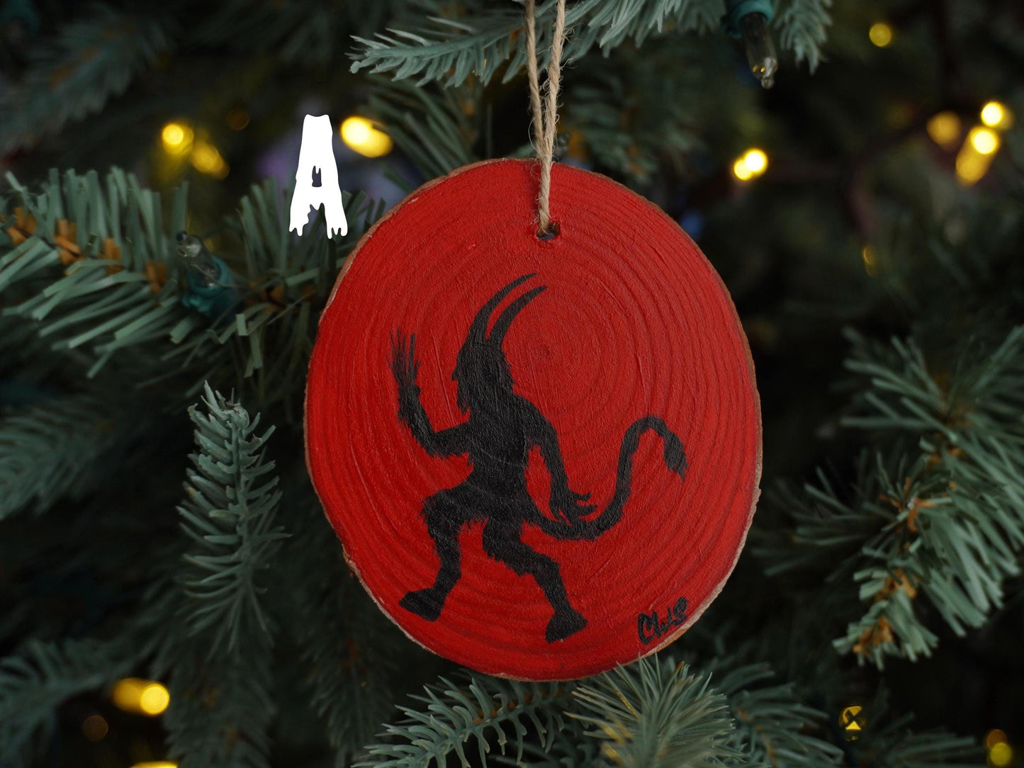 Krampus Ornament, Hand Painted Mini Wood Round, Christmas, Holiday Decor