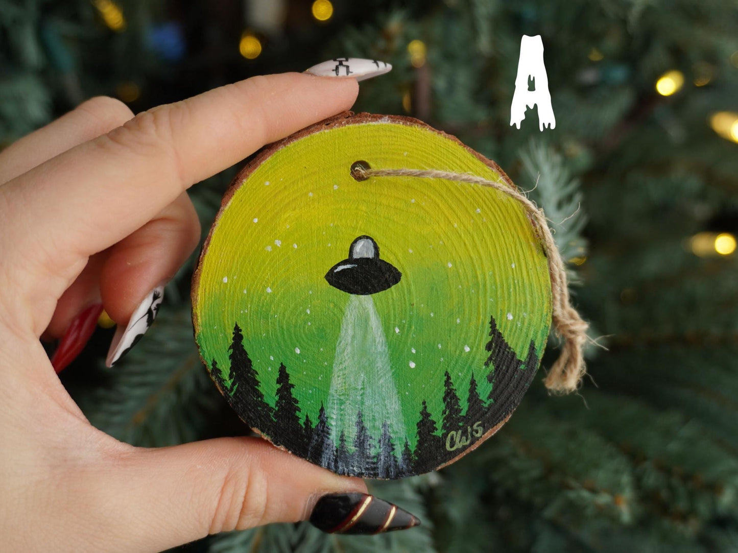 UFO Hand Painted Wood Ornament, Holiday Decor, Gallery Wall