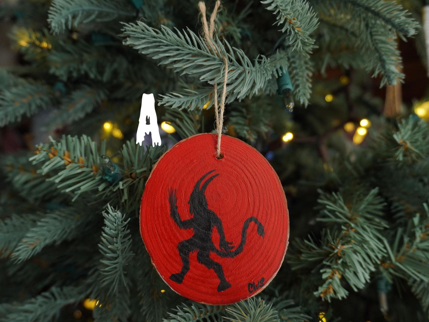 Krampus Ornament, Hand Painted Mini Wood Round, Christmas, Holiday Decor