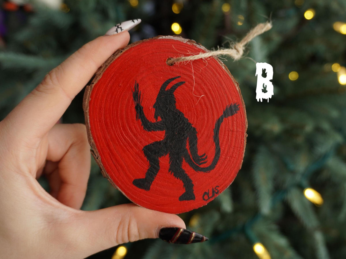 Krampus Ornament, Hand Painted Mini Wood Round, Christmas, Holiday Decor