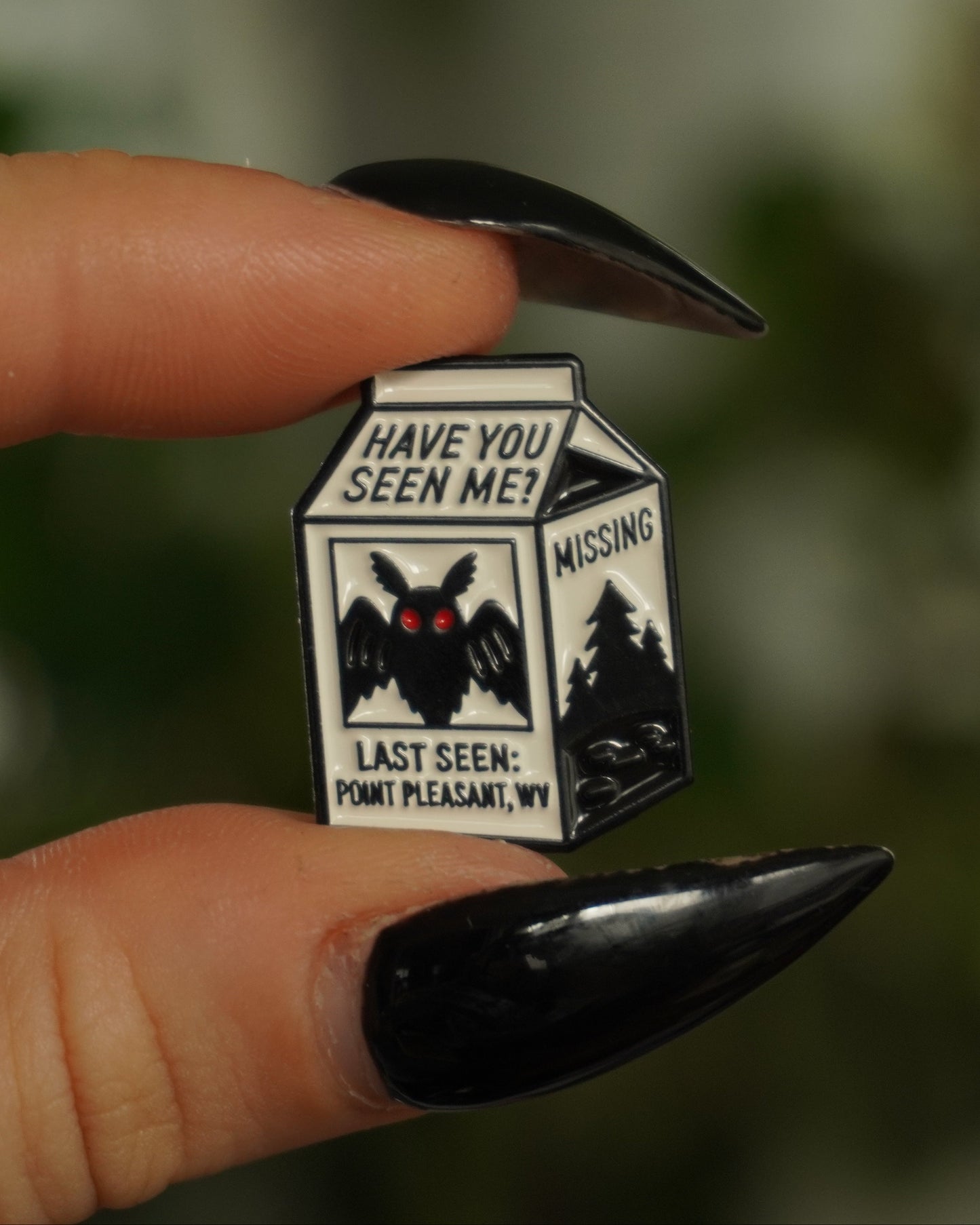 Missing Mothman Enamel Pin, Rubber Clutch