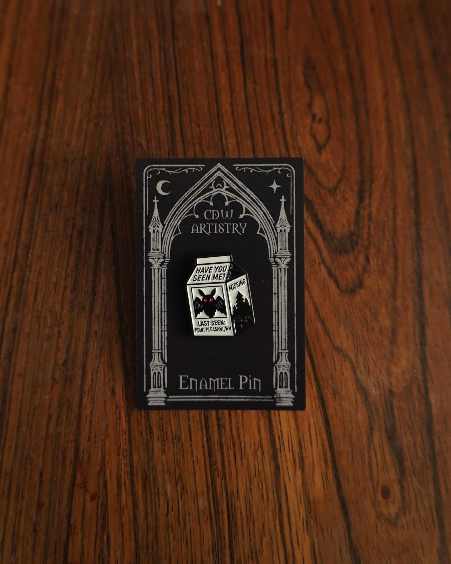 Missing Mothman Enamel Pin, Rubber Clutch
