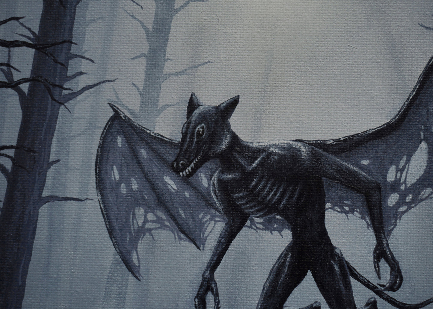 Skeletal dragon in a forest setting with a dark and eerie atmosphere