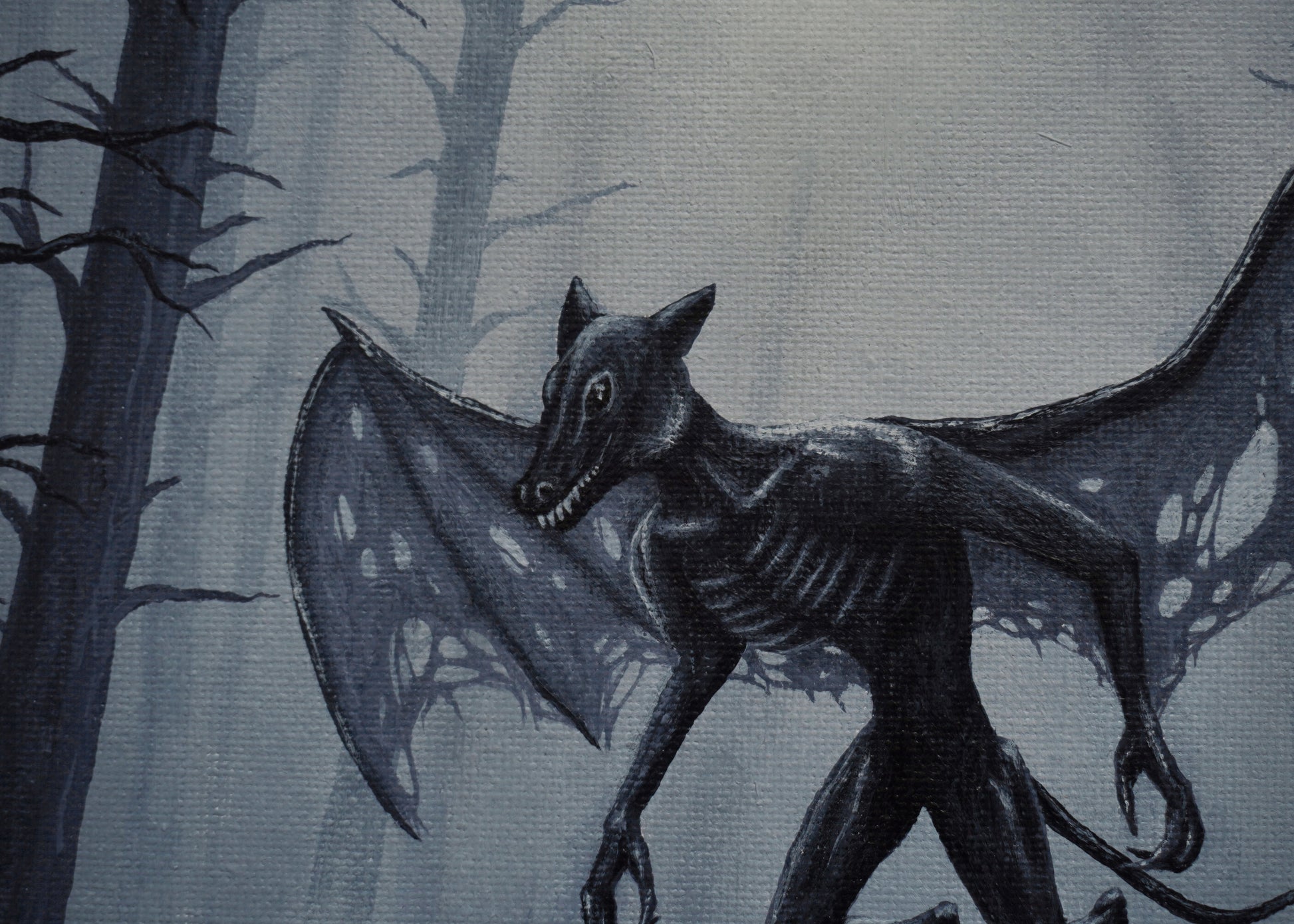 Skeletal dragon in a forest setting with a dark and eerie atmosphere