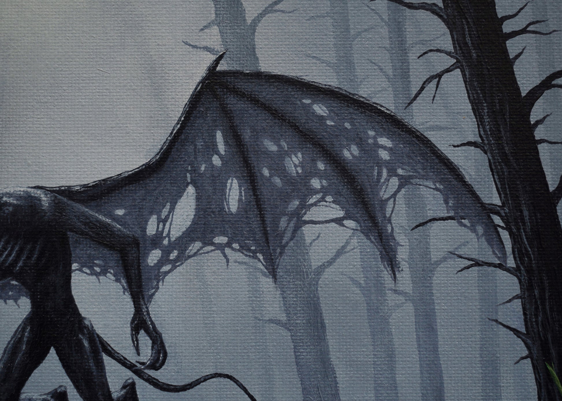 Illustration of a dragon in a forest with a dark, moody atmosphere.