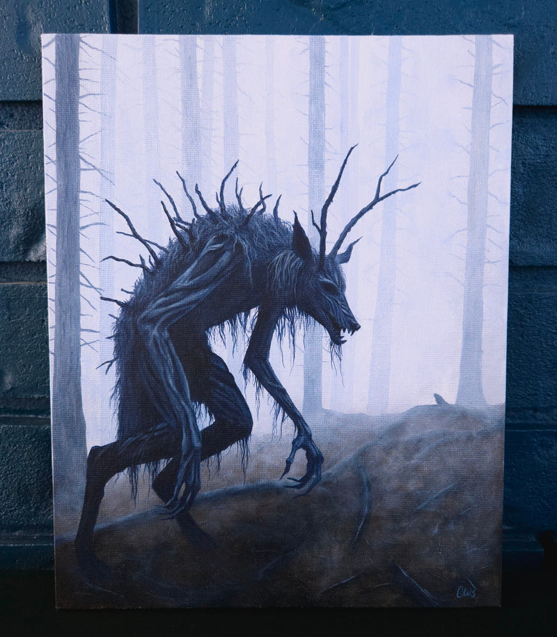 Wolf man. a dark fantasy creature in a forest setting