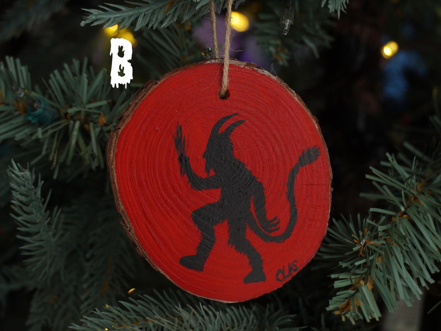 Krampus Ornament, Hand Painted Mini Wood Round, Christmas, Holiday Decor