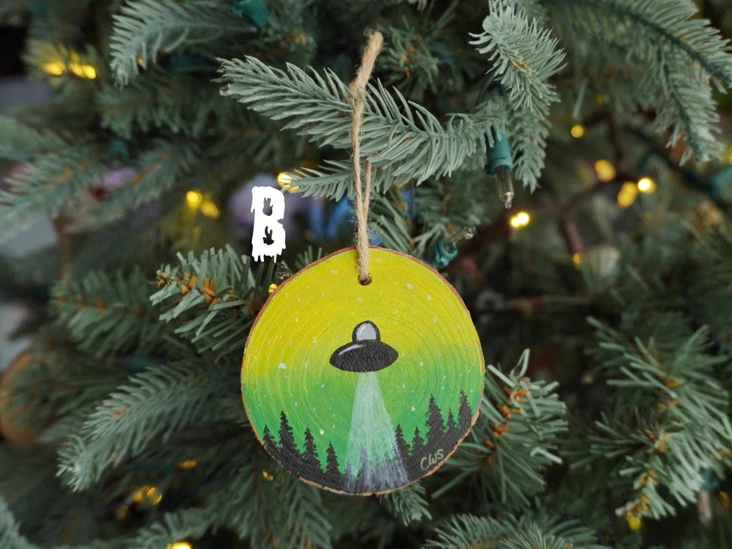 UFO Hand Painted Wood Ornament, Holiday Decor, Gallery Wall