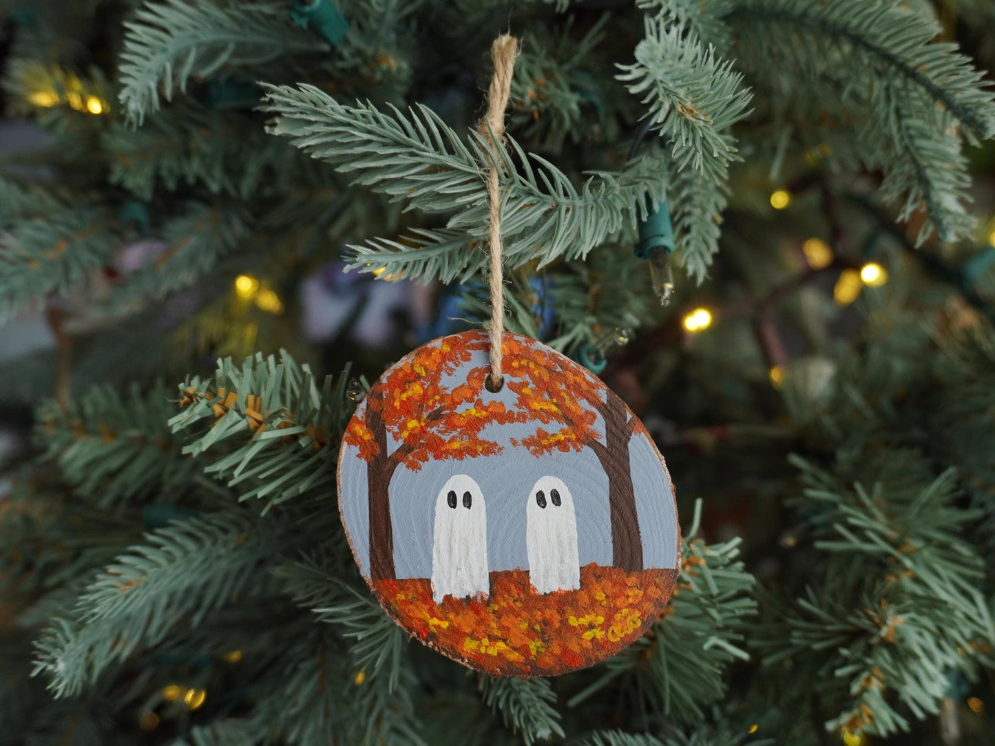 Autumn Ghosts Ornament, Hand Painted Mini Wood Round, Holiday Decor