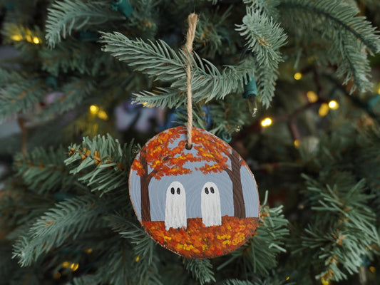 Autumn Ghosts Ornament, Hand Painted Mini Wood Round, Holiday Decor