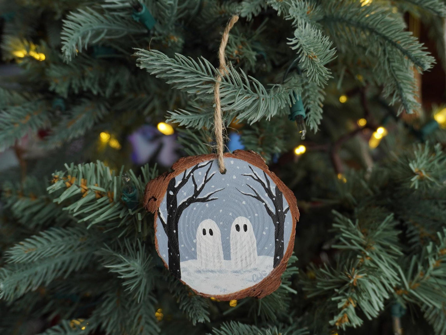 Ghosts In The Snow Ornament, Holiday Decor, Hand Painted Wood Round