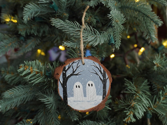 Ghosts In The Snow Ornament, Holiday Decor, Hand Painted Wood Round