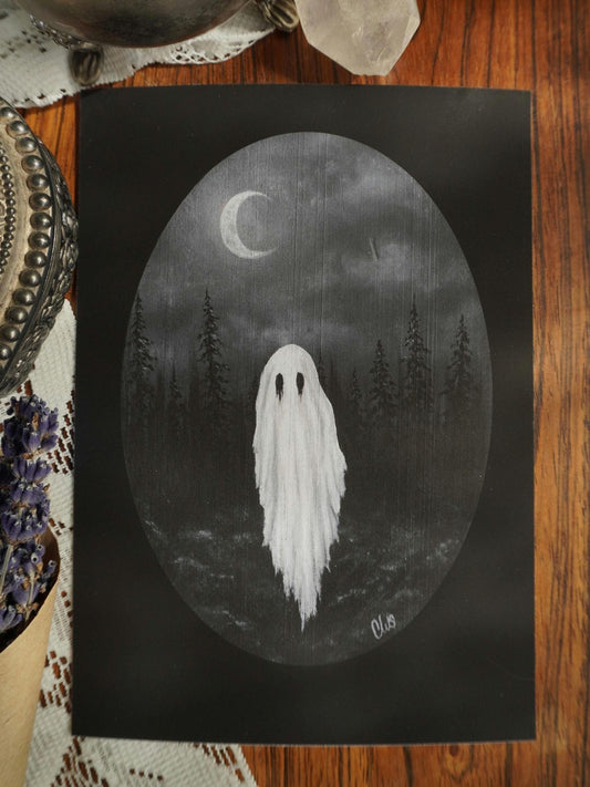 Ghost illustration in a forest with a moon and trees on a dark background