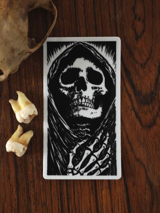 grim reaper sticker, a skeletal figure in a hood in black and white
